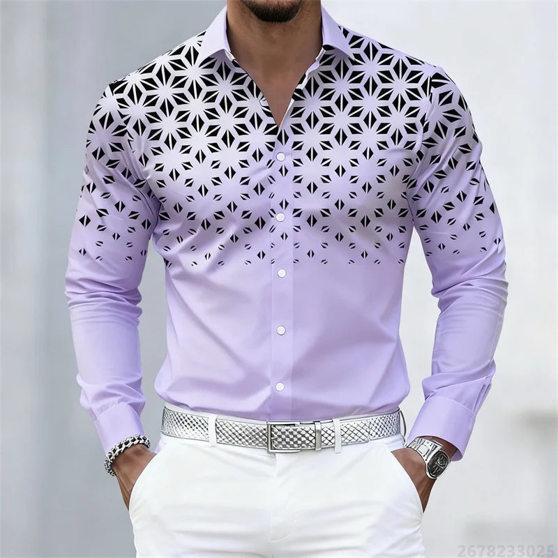 17 Colors of Men's Shirts, Fashionable Geometric Pattern Print Long Sleeve Shirts, Personalized Trendy Slim Lapel Casual Shirts