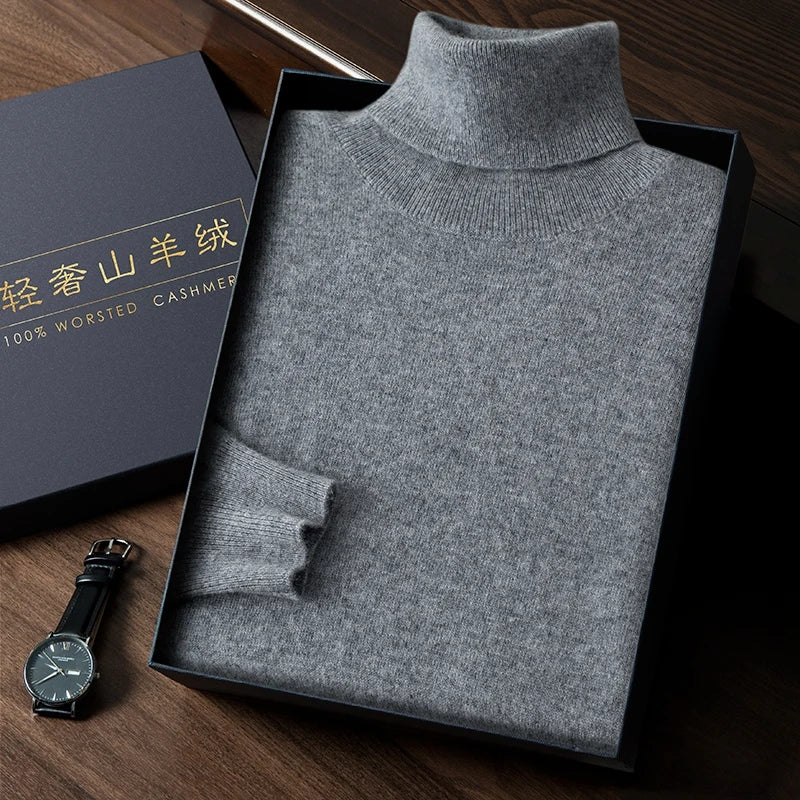 Turtleneck 100% Cashmere Sweater Men Pullover Knitwear Basic Style Autumn Winter Clothes High-end Soft Business Office Tops