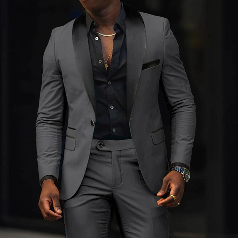 Fashion Men's Suits 2 Pieces Stretch Fabric Double Slit Solid Color Business Slim Dress Blazers Jacket Suit Coat Pants Trousers