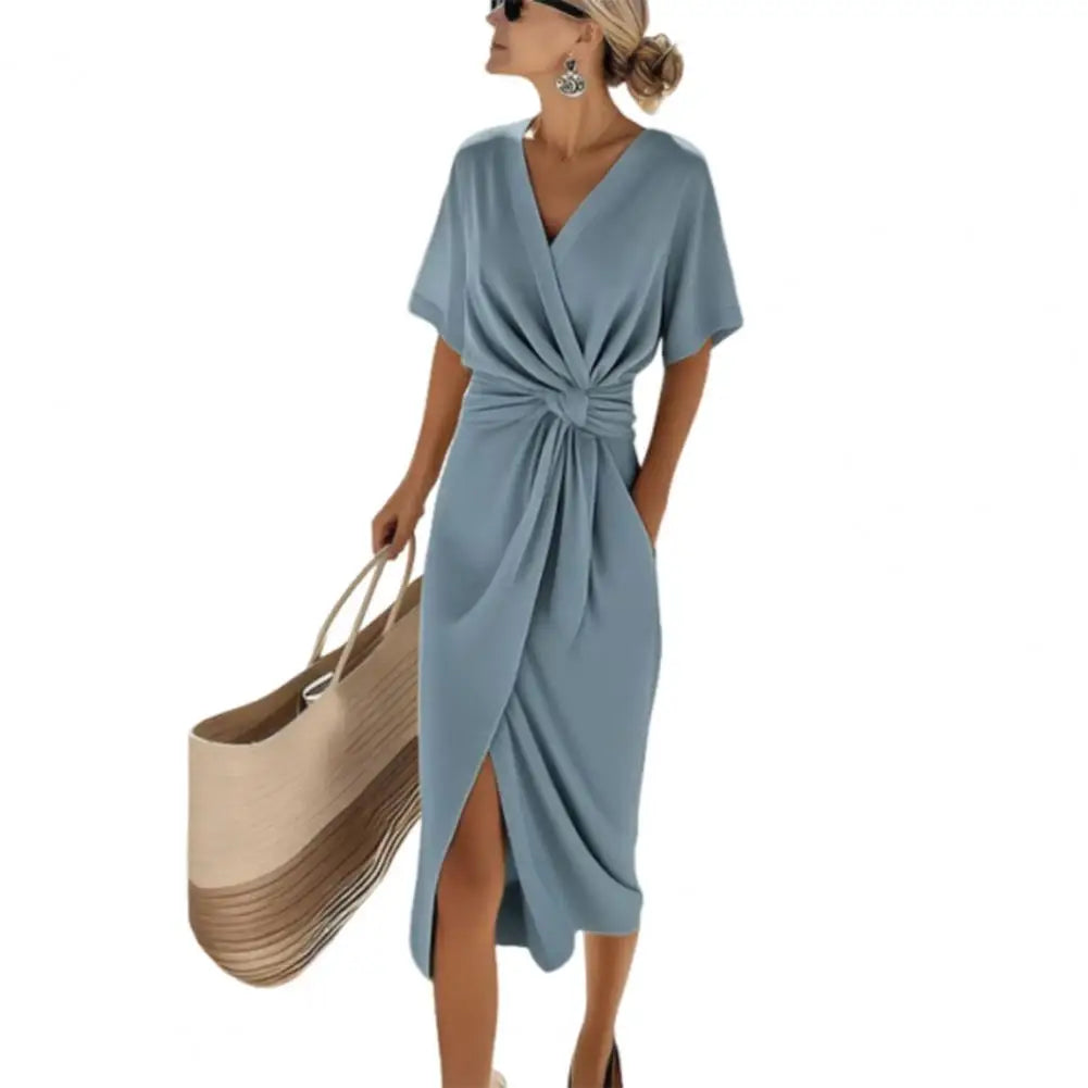 Women's Dresses Short Sleeve Elegant Formal Dress Casual V Neck Long Dress Loose Solid Color Party Gown for Vacation Cocktail
