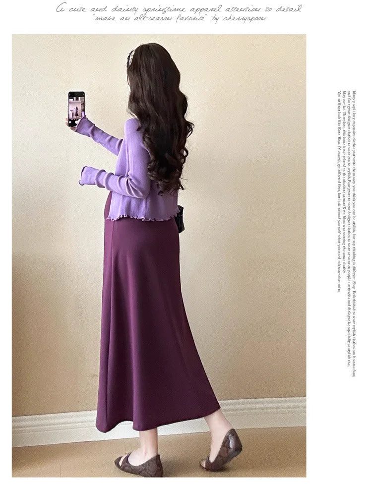 Maternity Clothes Spring Summer Elegant Purple Square Neck Sleeveless Dress And Long Sleeve Knit Cardigan For Pregnant Women