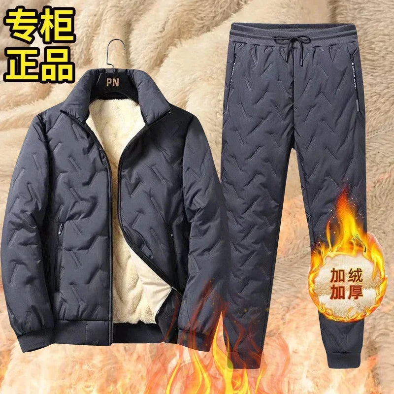 Faionable Autumn Winter Lamb Velvet Fce Lined Loose Men's Outerwear Spor Thiened Cotton Coat Set Long Sve Long Pants