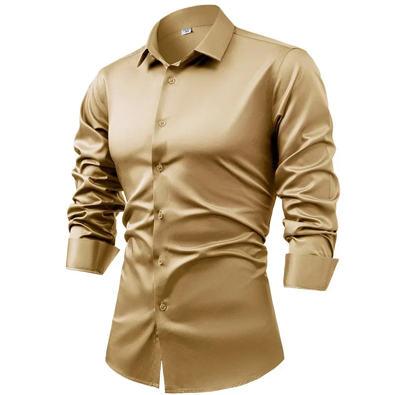 2025 Spring Autumn Royal Blue Silk Satin Long-sleeved Dress Shirts for Men, Navy Blue Business Casual Non-iron Wrinkle Camisas
