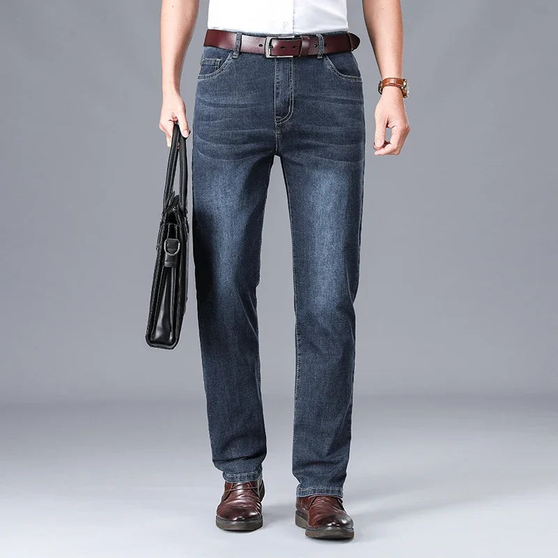 2026 Summer Thin Men's Cotton Jeans New Fashion Gray Elastic Straight Business Casual Pants Comfortable Brand Trousers