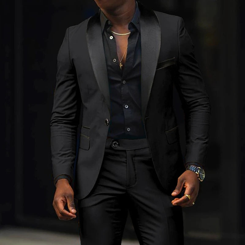 Fashion Men's Suits 2 Pieces Stretch Fabric Double Slit Solid Color Business Slim Dress Blazers Jacket Suit Coat Pants Trousers