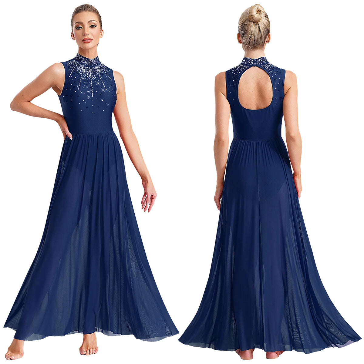 Womens Lyrical Dance Dresses Mock Neck Wide Hemline Shiny Rhinestones Maxi Dress Sleeveless Modern Contemporary Leotard Dresses
