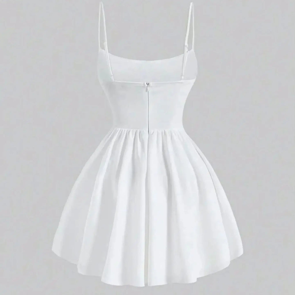 Women's Dresses 2025 Summer Elegant Solid Color Sleeveless Square Neck Mini Dress Zipper Sweet Dating Pleated Strap A-Line Dress
