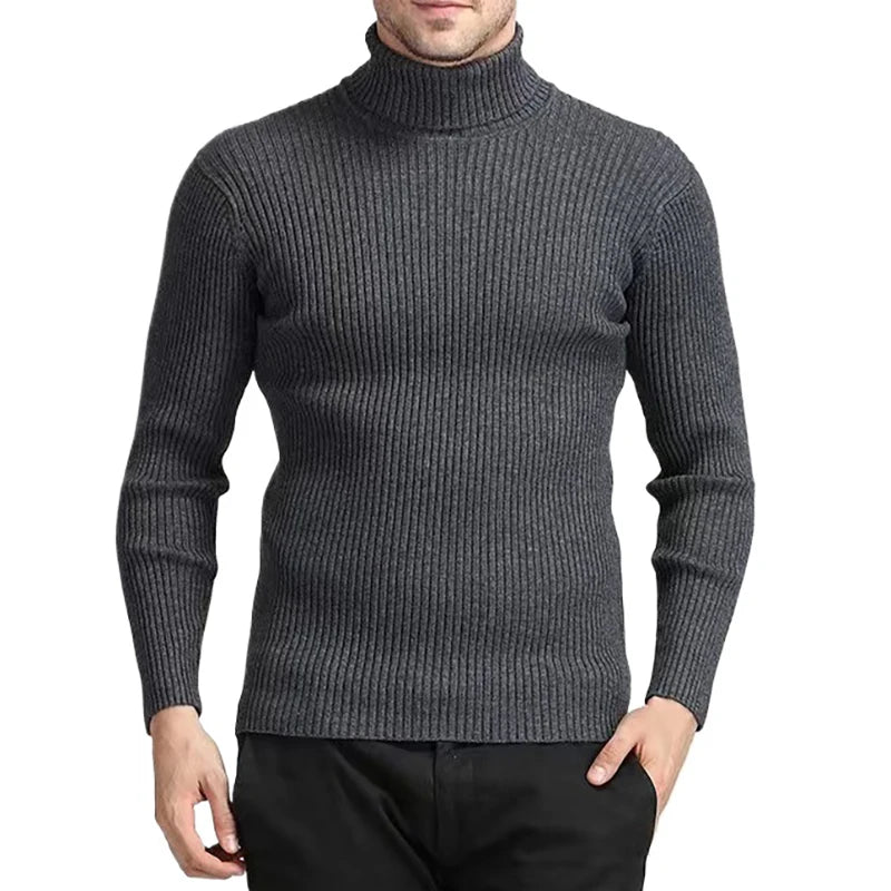 New Men's Turtleneck Sweaters Autumn Knitted Striped Streetwear Warm Long Sleeved Pullover Breathable Solid Color Basic Coat
