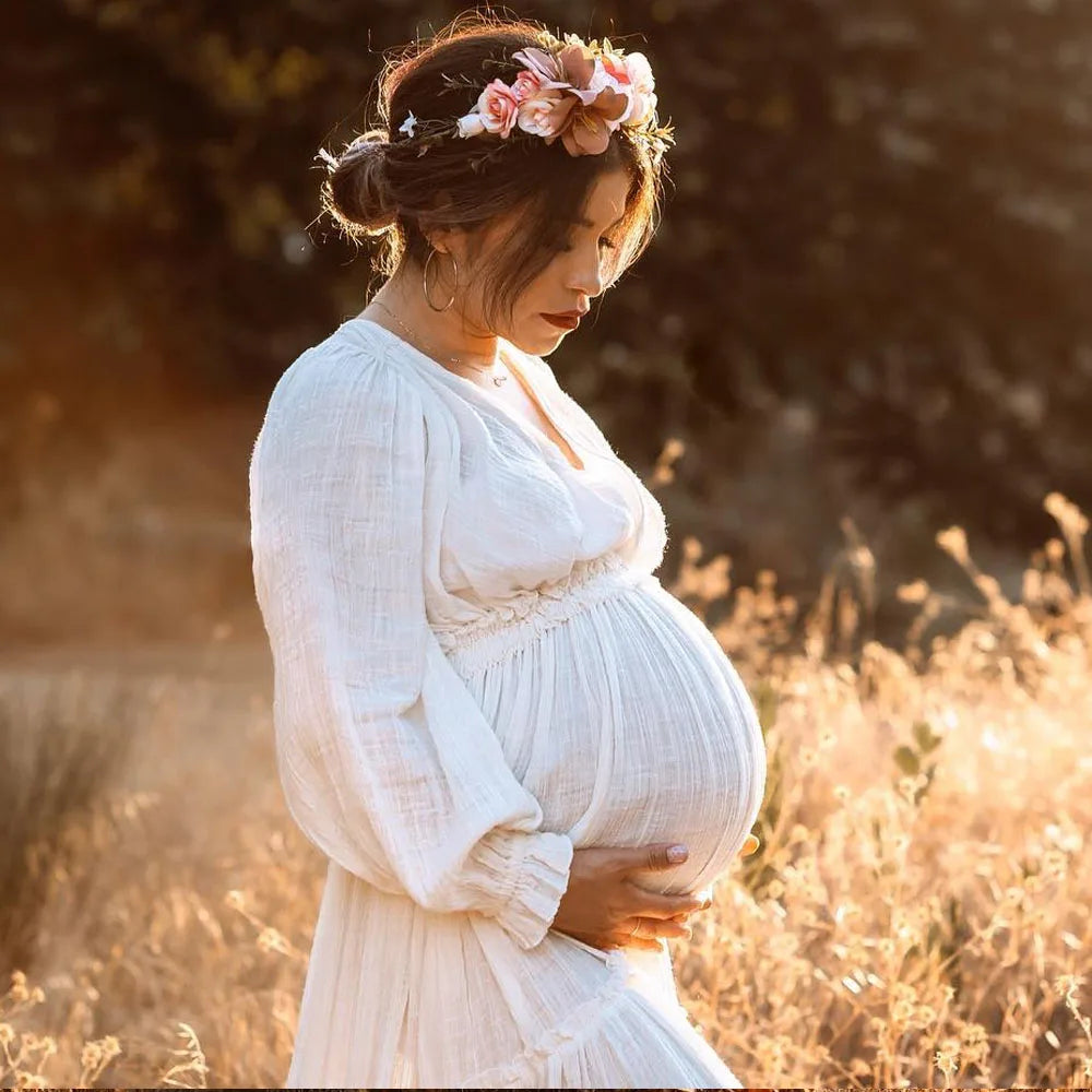 Photography Dress For Women Comfortable Linen Cotton Long Sleeved V-neck Dress Maternity Dresses For Photo Shoot Dress