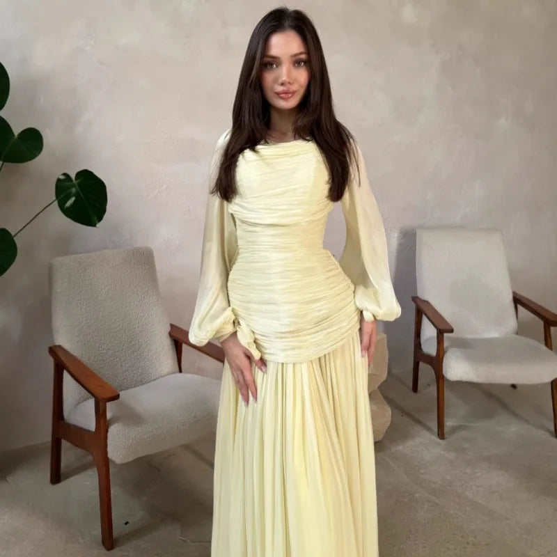 Women's Fashion Draped Design Solid Long Dress 2026 Casual Commute Waist Party Dresses Elegant O-neck Long Sleeve Evening Dress