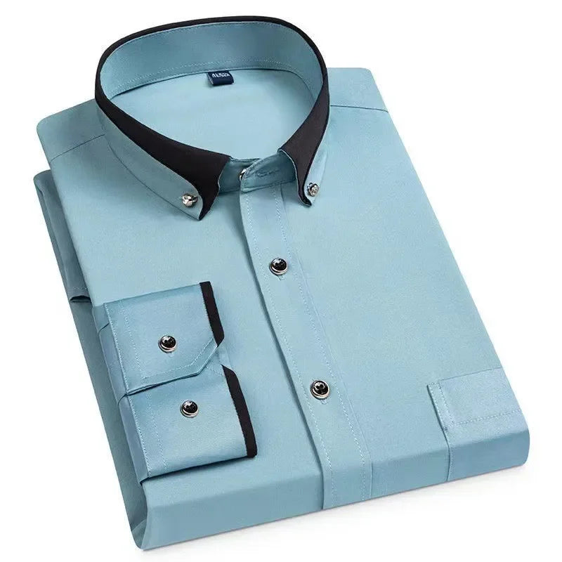 2026 Men's Long Sleeve Business Dress Shirts Solid Formal Button-Down Social Collar Camisa Elastic Anti-wrinkle Casual Men Shirt