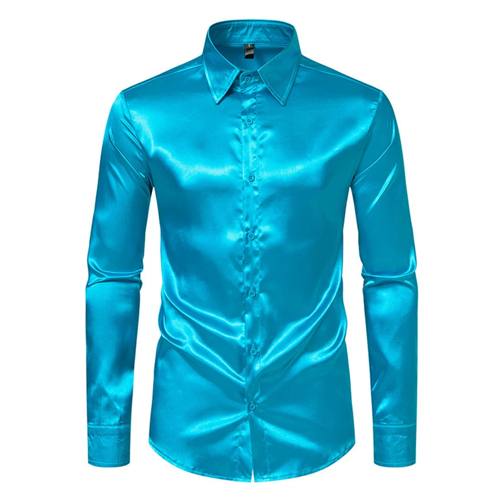 Men's Casual Satin Silk Shirts Single Breasted Button Lapel Collar Dress Shirt Slim Fit Fashion Party Long Sleeve Tops Clothing