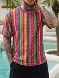 Summer Men's Bohemian Ethnic Jacquard Short-Sleeve T-Shirts, Breathable Knitted Short-Sleeve Shirts for Vacation