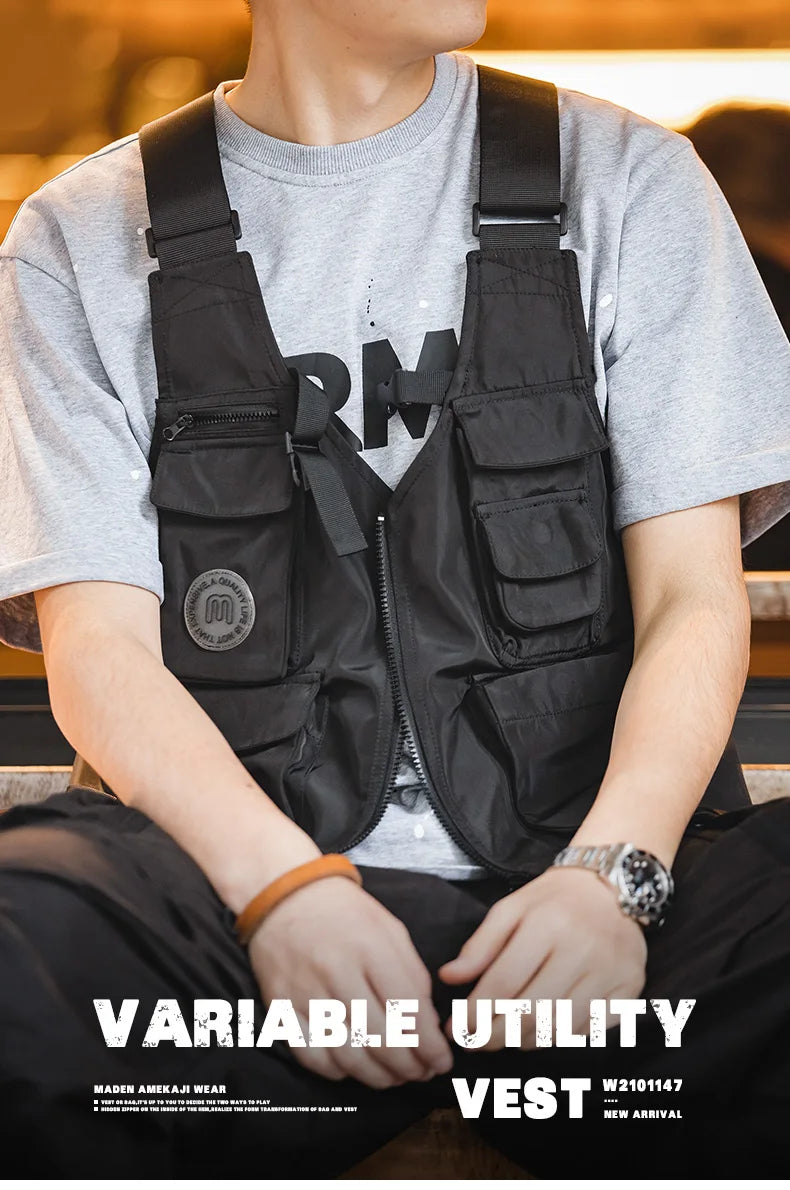 Maden Men Multi-pocket Tactical Vest Jacket & Bag Japan Retro Multi-function Photography Waistcoat Wide Shoulder Strap Solid Bag