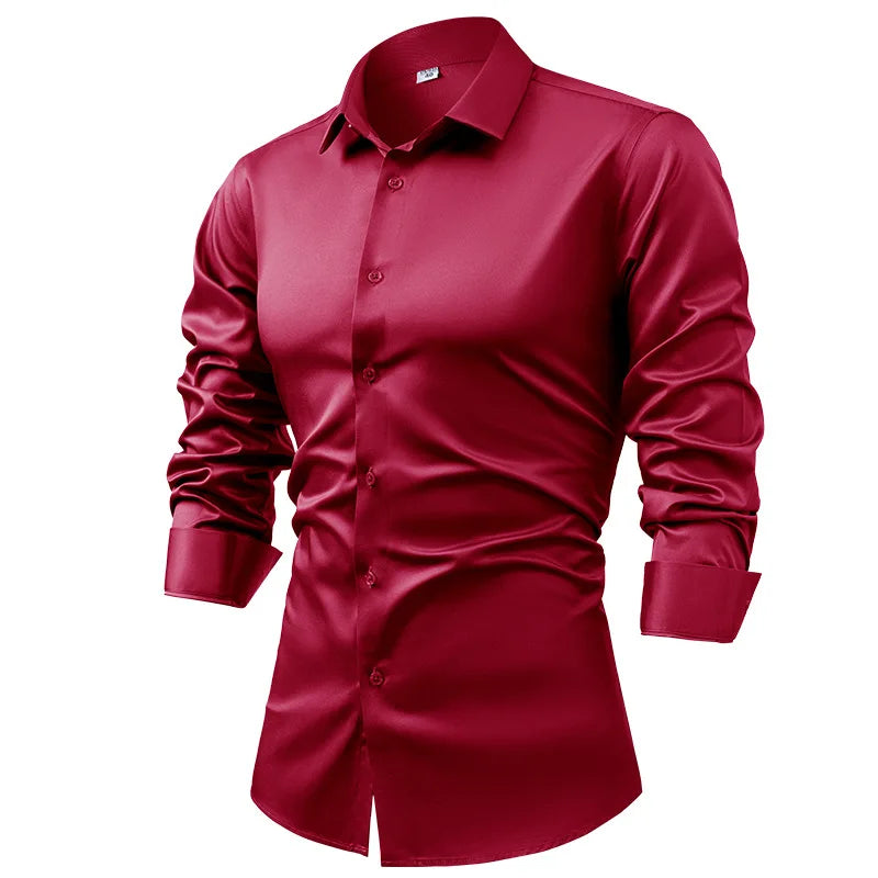 2025 Spring Autumn Royal Blue Silk Satin Long-sleeved Dress Shirts for Men, Navy Blue Business Casual Non-iron Wrinkle Camisas